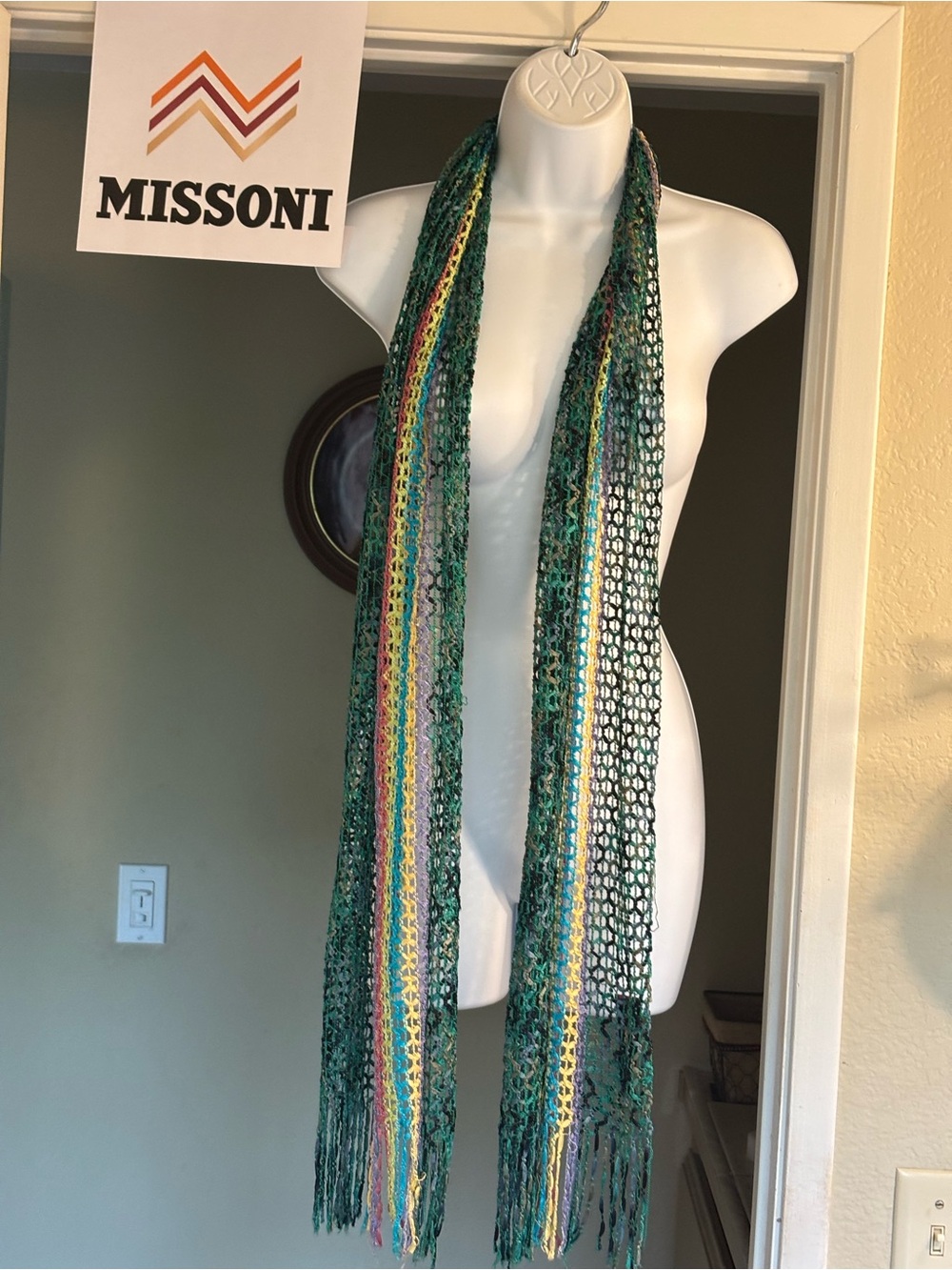 Vintage Italian Missoni Foulard Teal Green Multi-Color Open Weave Long Scarf